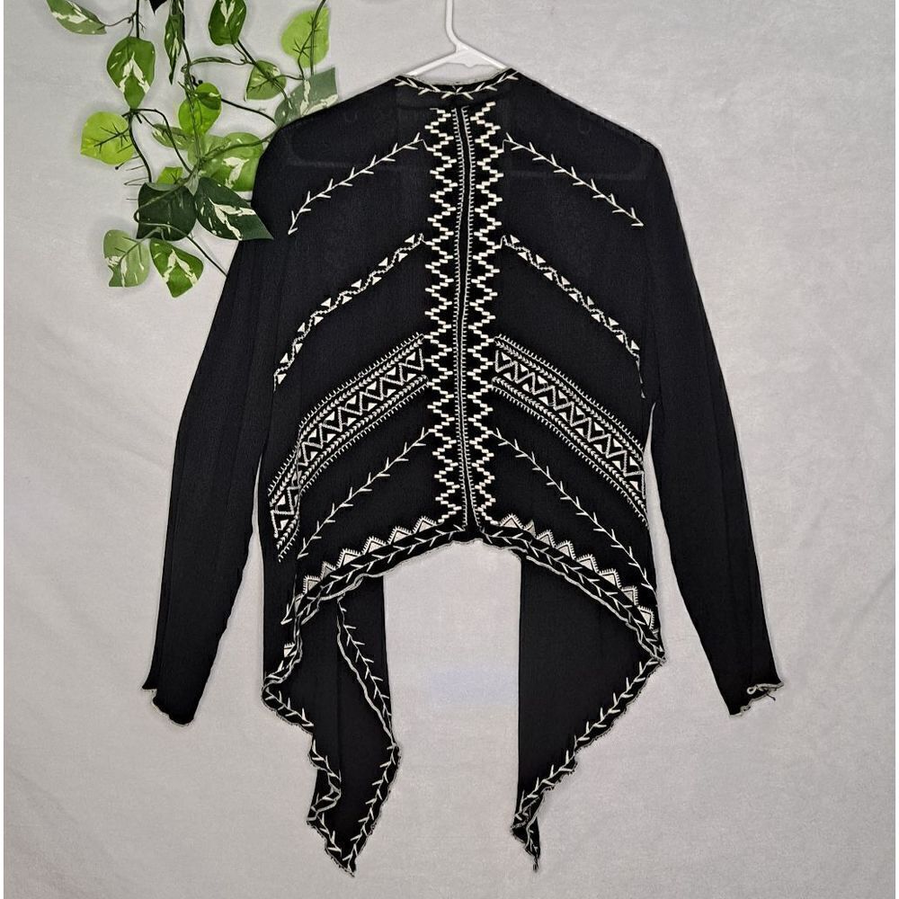 Aakaa Open Front Embroidered Geometric Cover-up Cardigan Black White Medium - Picture 2 of 7